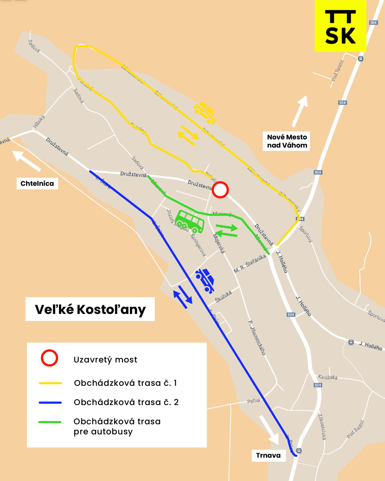Úplná uzávierka ciest vo Veľkých Kostoľanoch z dôvodu rekonštrukcie mosta